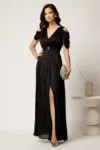 Rochie lunga neagra din voal cu strasuri in talie