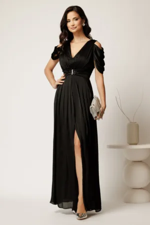 Rochie lunga neagra din voal cu strasuri in talie