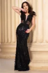 Rochie lunga neagra sirena Alejandra cu paiete si fluturi decorativi