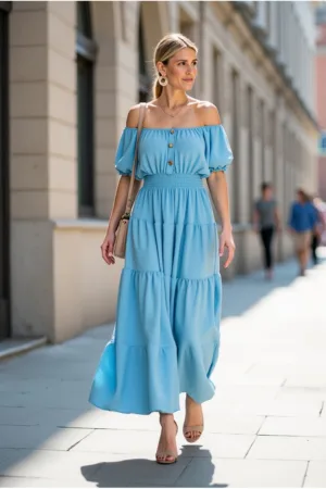 Rochie lunga - poliester - albastra - de vara -