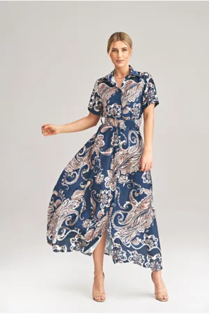 Rochie lunga poliester - bleumarin - cu flori -