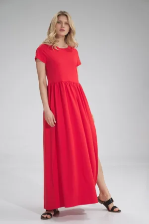 Rochie lunga rosie - bumbac - cu fanta