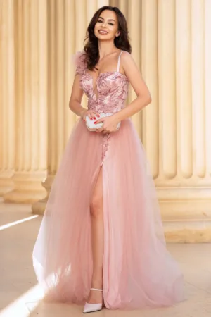 Rochie lunga roz Palmira cu fusta din tulle si bust decorat cu flori