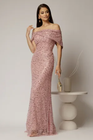 Rochie lunga roz de seara din dantela cu perle si paiete