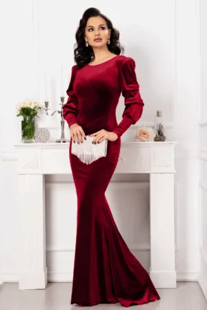 Rochie lunga tip sirena Thea rosie din catifea cu maneci fronsate