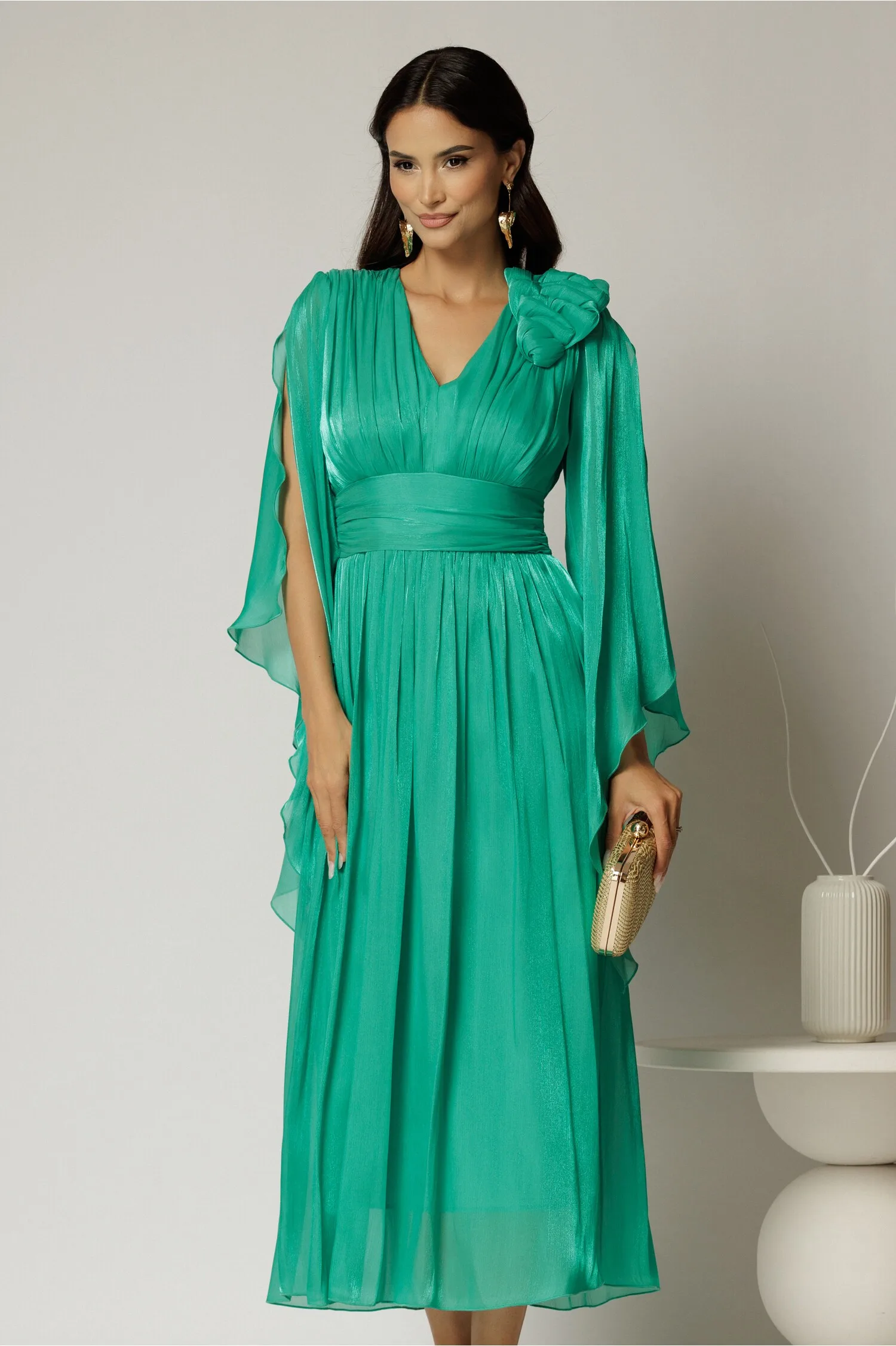 Rochie lunga verde crud de seara din voal peliculizat