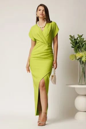 Rochie lunga verde crud din stofa cu fronseu si crapatura pe fusta