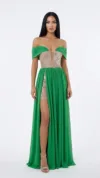 Rochie lungă verde cu flori din dantelă