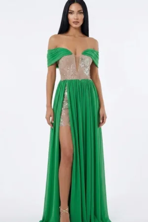 Rochie lungă verde cu flori din dantelă