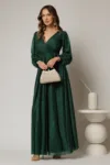 Rochie lunga verde cu glitter cu decolteu petrecut si cordon in talie