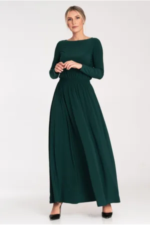 Rochie lunga verde - cu maneci lungi - poliester -