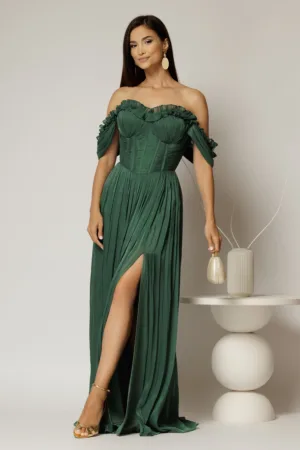 Rochie lunga verde de ocazie din voal peliculizat cu bust tip corset