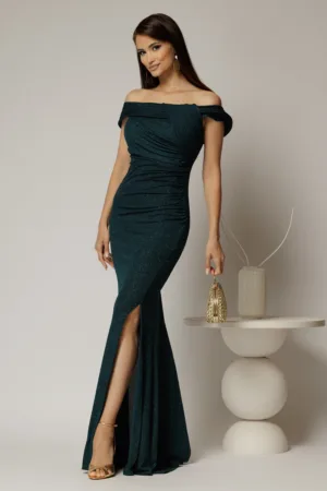 Rochie lunga verde de seara din lycra cu sclipici si design atipic