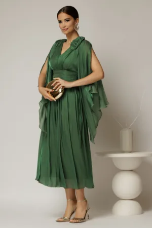 Rochie lunga verde de seara din voal peliculizat