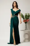 Rochie lunga verde din lycra mulata cu tull transparent si strasuri in talie
