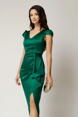 Rochie lunga verde din tafta cu volan si crapatura pe fusta
