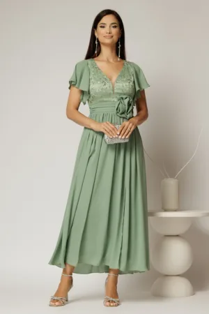 Rochie lunga verde fistic de ocazie cu broderie la bust si detaliu in talie
