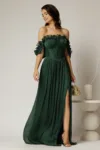 Rochie lunga verde intens de ocazie din voal peliculizat cu bust tip corset