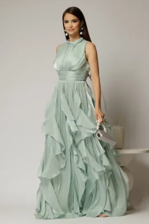 Rochie lunga verde menta de seara cu volanase din voal peliculizat