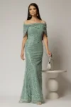 Rochie lunga verde menta de seara din dantela cu perle si paiete