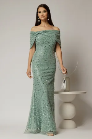 Rochie lunga verde menta de seara din dantela cu perle si paiete