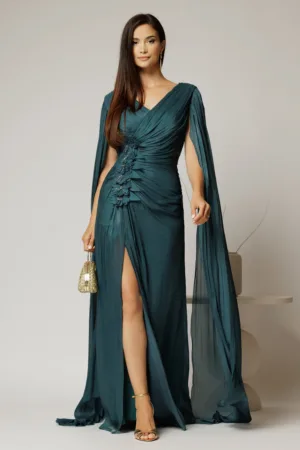Rochie lunga verde petrol de sera din voal peliculizat cu aplicatii pe talie
