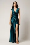 Rochie lunga verde petrol din satin cu fronseuri pe talie