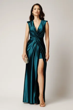 Rochie lunga verde petrol din satin cu fronseuri pe talie