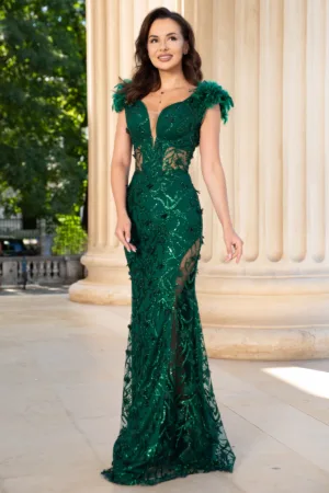 Rochie lunga verde sirena Alejandra cu glitter si flori decorative