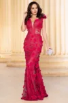 Rochie lunga zmeura sirena Alejandra cu glitter si flori decorative
