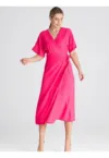 Rochie  maneci kimono - cravata in talie - poliester - roz - poliester