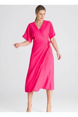 Rochie maneci kimono - cravata in talie - poliester - roz - poliester