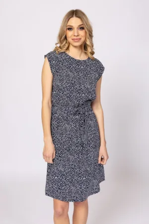 Rochie  maneci scurte - decolteu rotund - talie cu curea - bleumarin - 100% viscoza