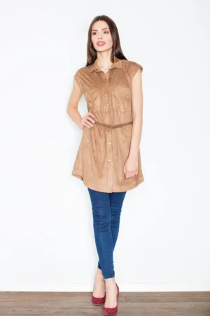 Rochie maro - piele intoarsa - cu capse si curea - poliester