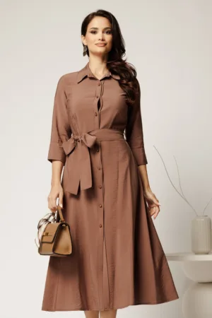 Rochie maro tip camasa din viscoza cu cordon in talie