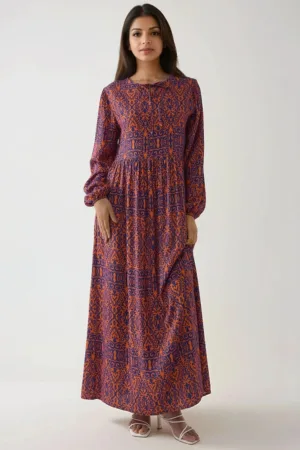 Rochie maxi - A-line - imprimeu delicat - portocalie - textil