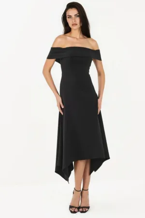 Rochie maxi A-line -  umeri goi - negru - material de inalta calitate