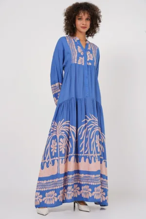 Rochie maxi HiCCUP BDART - decolteu in V - captusita - textil - albastru inchis