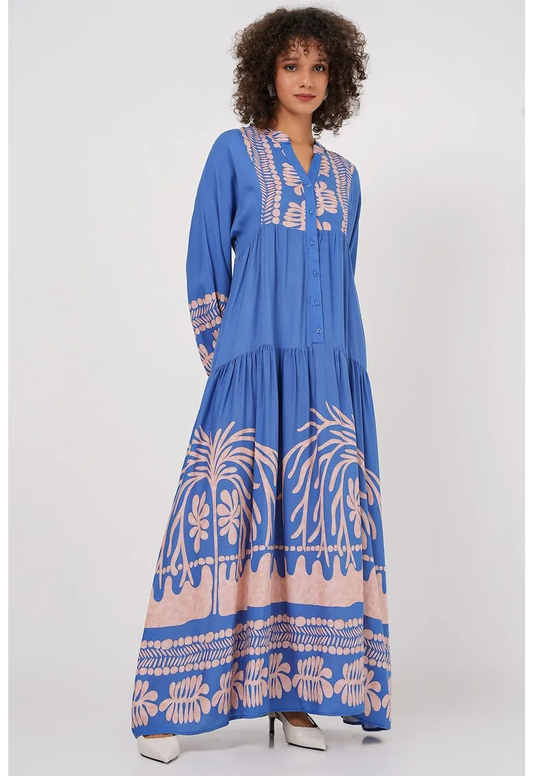 Rochie maxi HiCCUP BDART - decolteu in V - captusita - textil - albastru inchis