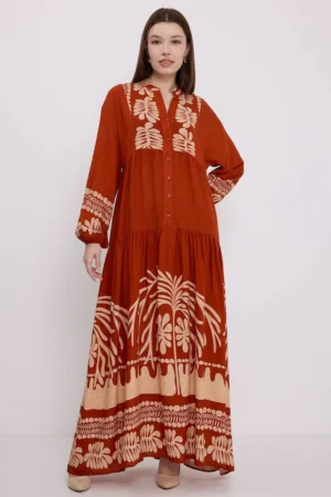 Rochie maxi HiCCUP BDART - decolteu in V - captusita - textil - rosu caramiziu