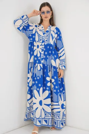 Rochie maxi HiCCUP BDART - inchidere cu nasturi - textil - albastru