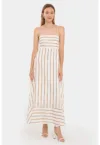 Rochie maxi -  Cu dungi - Bretele tip spaghetti - Alb/Bej - Poliester