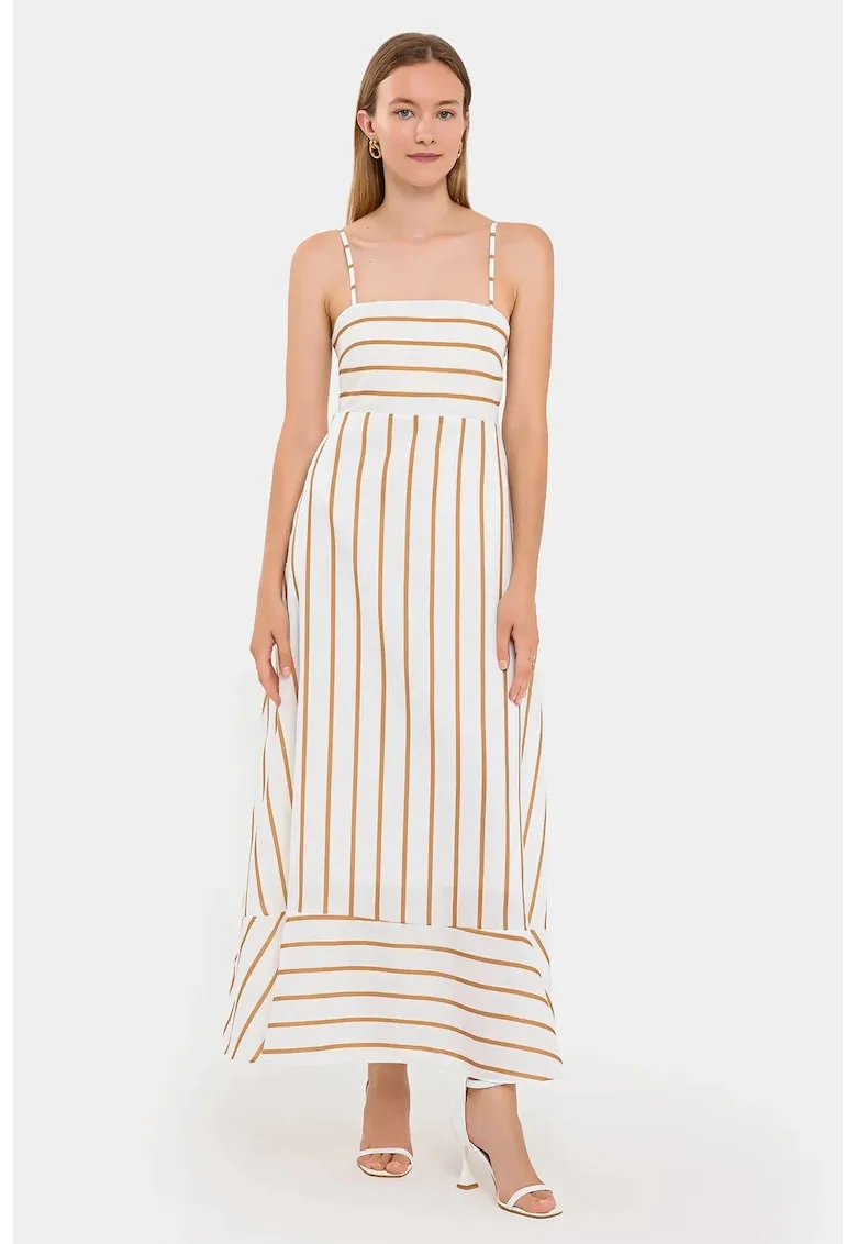Rochie maxi - Cu dungi - Bretele tip spaghetti - Alb/Bej - Poliester