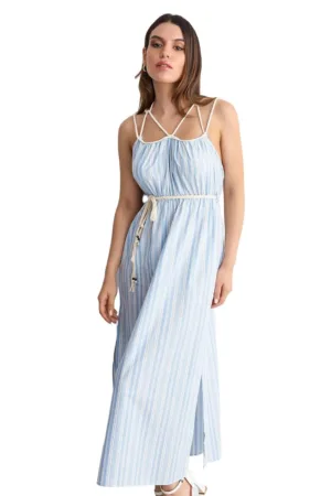 Rochie maxi -  Dungi - Bretele tip spaghetti - Albastru deschis - Bumbac/Poliester