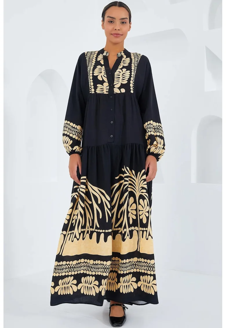 Rochie maxi HiCCUP BDART - decolteu in V - captusita - textil - gri carbune