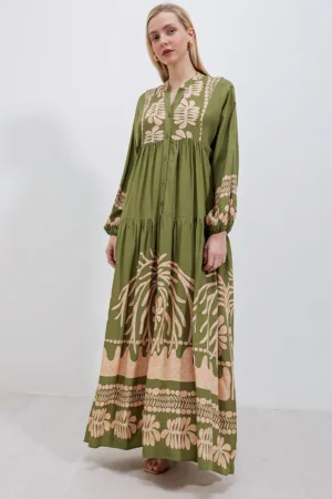 Rochie maxi HiCCUP BDART - decolteu in V - captusita - textil - kaki