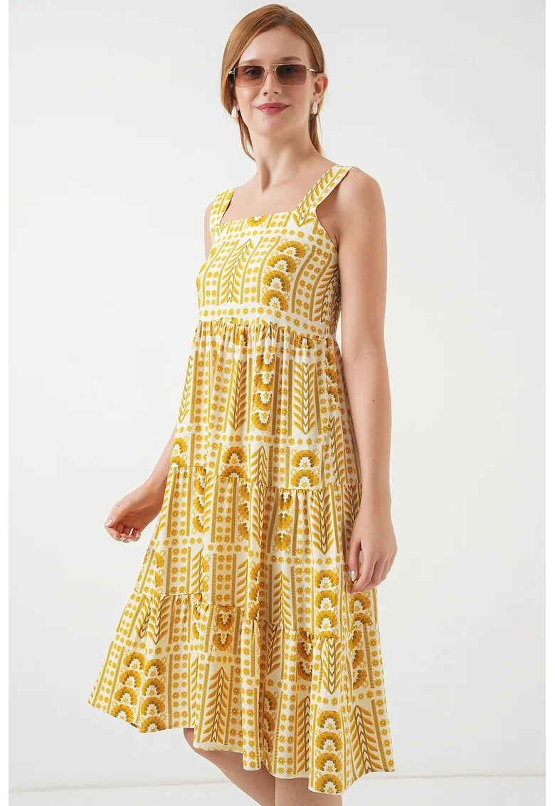 Rochie maxi - HiCCUP - imprimeu BDART - guler patrat - galben mustar - fabrica