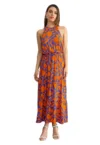 Rochie maxi -  Imprimeu floral - Decolteu halter - Portocaliu/Albastru