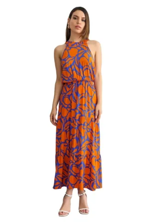 Rochie maxi - Imprimeu floral - Decolteu halter - Portocaliu/Albastru