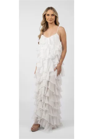 Rochie maxi Lucky cu volane din amestec de matase